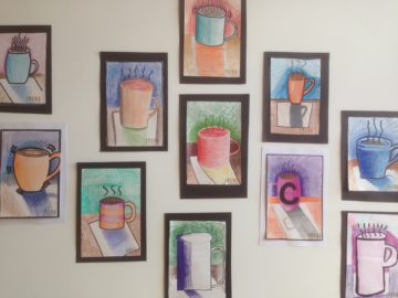 Coffee cup drawings by BG sixth graders.