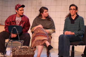 From left, George Ramirez, Kelly Dunn and Sarah Drummer in "Evelyn in Purgatory."