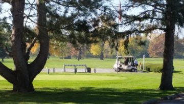 Golfers get in cart at country club course.