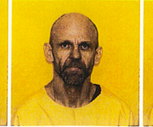 Three mug shots of man with close cropped hair and beard facing right, front, and left