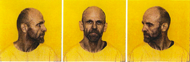 Three mug shots of man with close cropped hair and beard facing right, front, and left