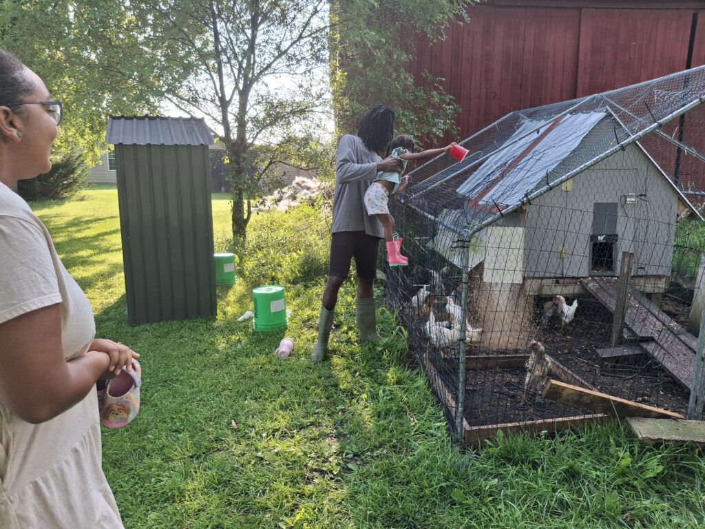 Sol Meyers helps daughter Marley feed chickens as Kourtney watches.