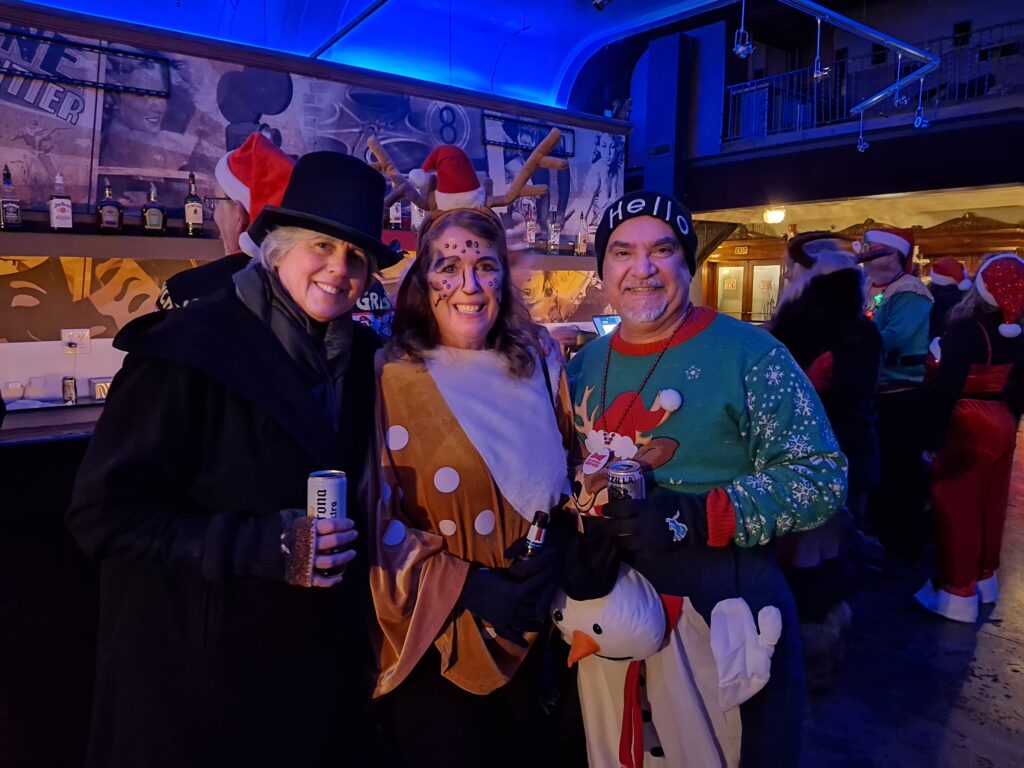 Ann Beck as Bob Crachett, Valerie Megyesi as a reindeer and Ruben Arreguin as a snowman.
