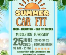 Flyer for event titled "Summer Car Fit." Following text reads: "food, education, car fit checks. Middleton Township. June 25, 2025 from 10 a.m. - 2 p.m. 21745 SR 25, Bowling Green. Sponsored by Safe Communities and Middleton Township Trustees. Register at https://car-fit.org/register?event_id=11456. For more information, contact Sandy, slwiech@bgsu.edu.