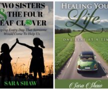 Two book covers are featured: The first titled "Two Sisters and the Four Leaf Clover" shows the silhouette of two girls holding hands in a field of flowers. The second, titled "Healing life one leaf at a time," shows a car driving down an open road through the middle of open plains.