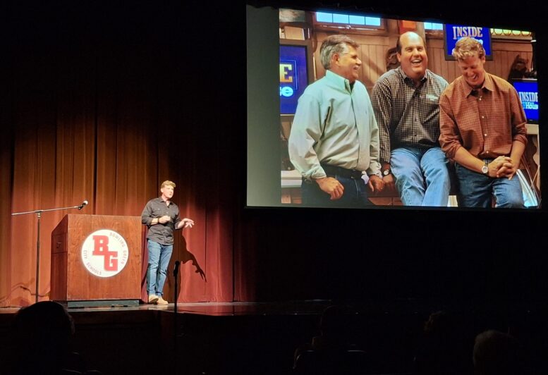 "This Old House" host Kevin O'Connor talks about his friendship on the show with a photo of two other people in the background.