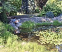 A woman with easel and oil paints next to a waterlily pond.